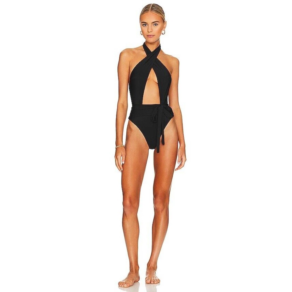 PQ Revolve One Piece Swimsuit Small Black Midnight Alex Cutout Open Back NWT
